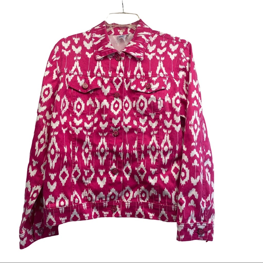 Diane Gilman trucker jacket M stretch batik pink button beachy boho classic